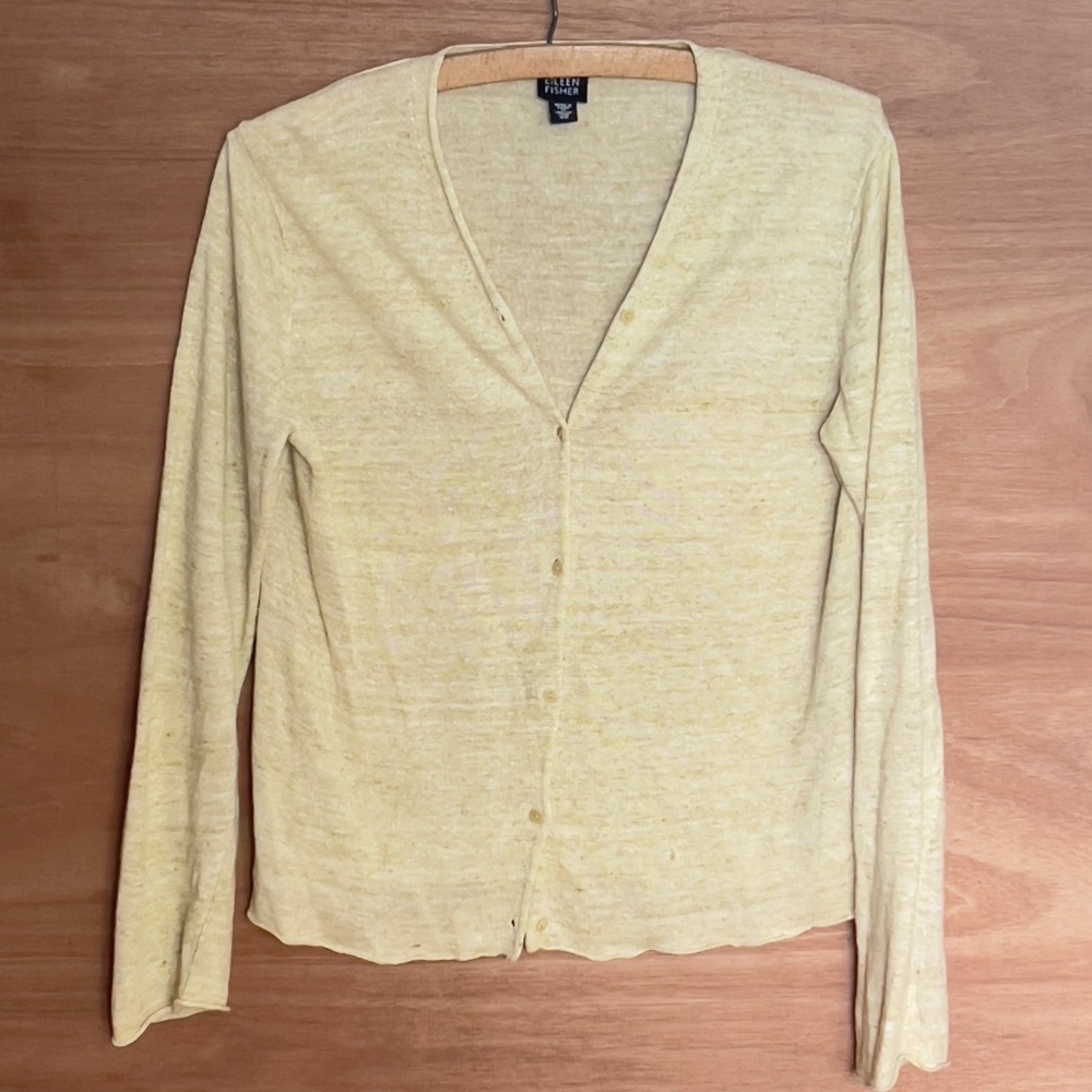 Eileen Fisher 100% linen cardigan sweater size XS beige oatmeal rolled hem